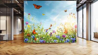 Summer meadow with wildflowers and butterflies Wall mural