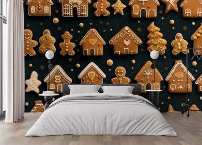 Unbroken whimsical pattern of gingerbread motifs on a festive background Wall mural