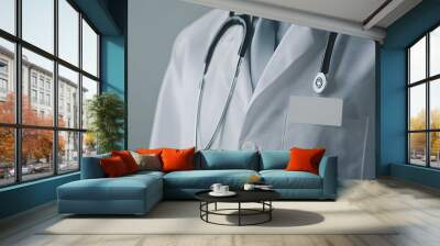 White doctor’s coat mockup with name badge isolated on plain background Wall mural