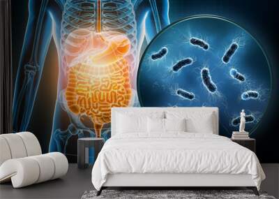 Bacterial infection of the gastrointestinal tract 3D rendering illustration. Escherichia Coli or E. Coli infectious disease, anatomy, medical, biology, science, healthcare concepts. Wall mural