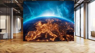 City lights Europe continent at night from outer space. 3D rendering illustration. Earth map texture provided by Nasa. Energy consumption, electricity, industry, power supply, ecology concepts. Wall mural