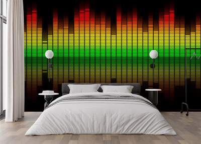 Colorful retro audio equalizer bars with sound spectrum colors from green to red isolated on black. Music or decibels wave illustration. Wall mural