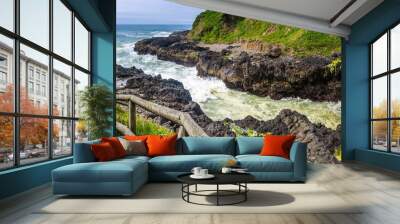 Devil's churn and hiking trail, Cape Perpertua Scenic Overlook, Yachats, natural landmark of the Oregon Coast, USA. Wall mural