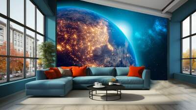 Earth at night from outer space with city lights on North America continent. 3D rendering illustration. Earth map texture provided by Nasa. Energy consumption, electricity, industry, ecology concepts. Wall mural