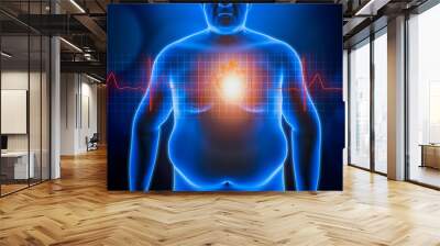 Fat or obese man chest body with heart and red ekg heartbeat curve. Blue futuristic hologram 3d rendering illustration. Obesity, healthcare, medical, wellness, heart disease concepts. Wall mural