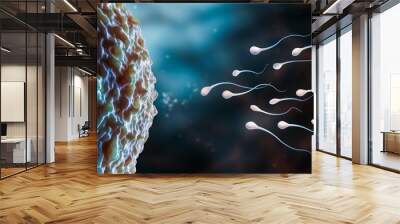 group of sperm cells or gametes trying to enter in an ovum in order to fertilize it microscopic 3d r Wall mural