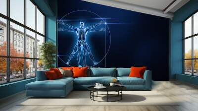 Human male body and bones xray 3D rendering illustration with copy space on blue background. Skeleton or skeletal anatomy, medical, healthcare, science, biology, osteology concepts. Wall mural