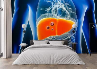 Liver cancer with organs and tumors or cancerous cells 3D rendering illustration. Anatomy, oncology, biomedical, disease, medical, biology, science, healthcare concepts. Wall mural