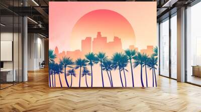 Los Angeles city downtown skyline illustration at dusk or down with sun in the background and palm trees in the foreground. Yellow, orange and pink scenery 2D illustration. California, USA. Wall mural