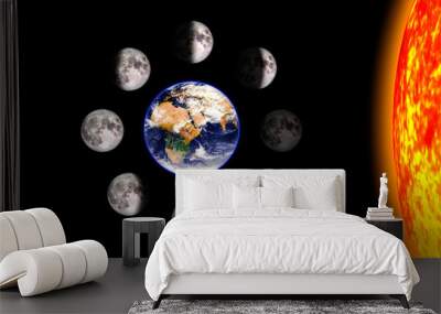 Moon or lunar phases poster. Eight steps of the lunar cycle around the Earth. Black background. 3d render illustration with no text. Earth surface texture provided by NASA. Wall mural