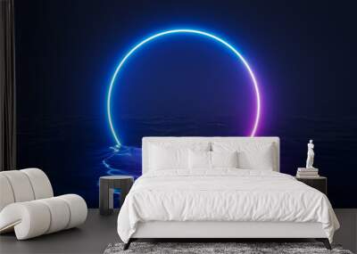 Retro futuristic abstract ocean scenery with blue and violet neon circle with copy space 3D rendering illustration Wall mural