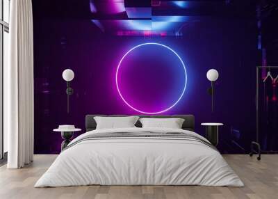 Retro futuristic abstract with glowing blue and purple neon circle in the center of a sci-fi metallic corridor 3D rendering illustration. Background, wallpaper, banner concepts. Wall mural