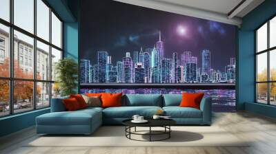 Retrowave or synthwave New York city Manhattan skyline 3D rendering illustration. Generic futuristic neon cityscape concept. Wall mural