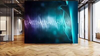 soundwave and equalizer bars with human ear. 3d rendering illustration with copy space. Sense of hearing, sound and music graphic concepts. Wall mural