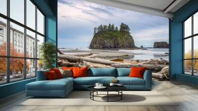 The Crying Lady Rock, iconic sea stack with driftwoods in the foreground at Second Beach, Quillayute Needles, La Push, Olympic Peninsula, Washington state Coast, USA. Wall mural