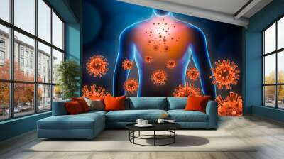 Viral pneumopathy 3d rendering illustration with red virus cells and human body. Coronavirus, covid 19, infectious and inflammatory respiratory disease as pneumonia or bronchitis concepts. Wall mural