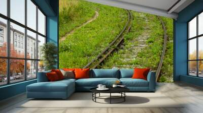 Railroad tracks, tunnel with train tracks, railway signs, ancient railway crossing, vintage train, curved lines. Wall mural