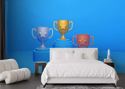 3d podium award trophy wallpaper for 1st 2nd 3rd position prize - Winner and loser medals - Gold winner cup on metallic shiny platform - Illustration for first success - Successful position podium Wall mural