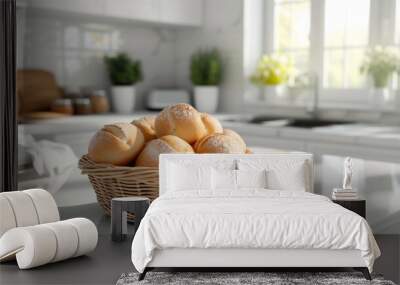 A Basket of Bread Rolls on a White Kitchen Counter Wall mural