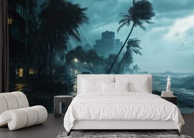 Intense tropical storm hurricane that caused severe flooding in  city, powerful impact of extreme weather on urb Wall mural