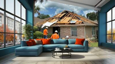 Property recovery crew repairing hurricane damage, storm restoration Wall mural