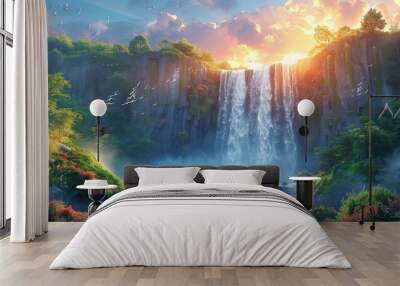 Twilight Magic: Majestic Waterfall, generative ai Wall mural