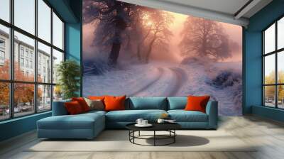 Winter Wonderland on the Country Road, generative ai Wall mural