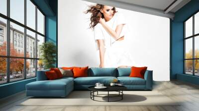 full body of beautiful woman model posing in white dress in the studio Wall mural