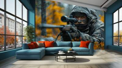 Camouflaged sniper in forest ambush  military marksman concealed in woods with rifle Wall mural