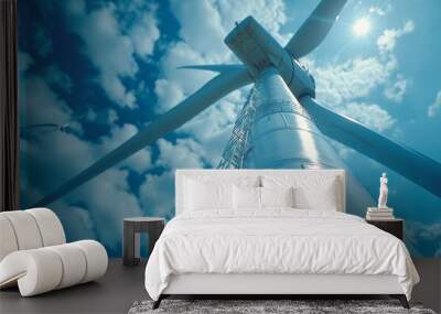 Close up of white wind turbine blades against a clear sky for renewable electricity generation Wall mural