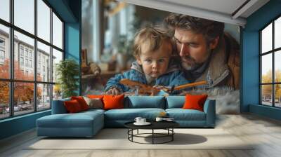 European father holding son as child plays with toy airplane in touching family scene Wall mural