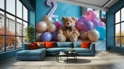 Playful cartoon of number 2 in pink and purple gradient with teddy bear and colorful balloons Wall mural