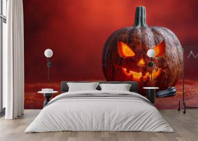 Spooky halloween pumpkin with glowing eyes, jack s lantern banner for all hallows eve Wall mural