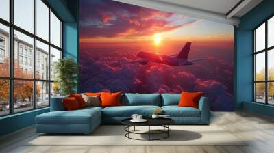 Stunning airplane window view of a sunset sky over the ocean during nighttime flight Wall mural