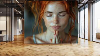 Young caucasian woman with ginger hair in bun meditating and practicing yoga at home Wall mural