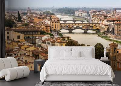 Aerial view of Florence, Italy. Ponte Vecchio (Old Bridge) and other bridges over the Arno River. Wall mural