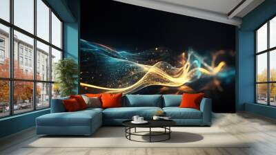 Abstract futuristic background with gold and blue glowing neon moving high speed wave lines and bokeh lights. Visualization of sound waves. Data transfer concept. Fantastic wallpaper. Generative AI Wall mural