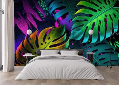 Beautiful colorful tropical leaves on dark background. Abstract background or wallpaper Generative AI. Wall mural