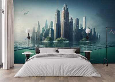 City under water, flood. Global warming, climate catastrophe, climate summit. Generative AI	
 Wall mural