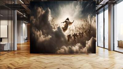 Illustration revelation of Jesus Christ, new testament, religion of christianity, heaven and hell over the crowd of people, Jerusalem of the bible. Generative AI Wall mural