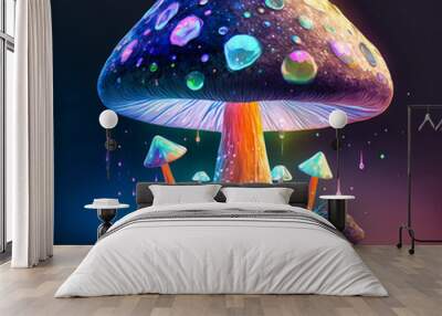 Magical mashroom in fantasy enchanted fairy tale forest with lots of brighness and lighting. Trippy mashroom cats psychodelic. Generative Ai Wall mural