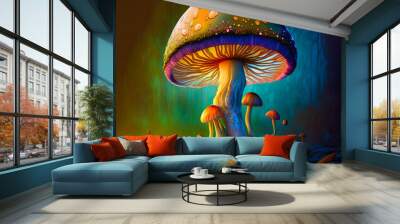 Magical mashroom in fantasy enchanted fairy tale forest with lots of brighness and lighting. Trippy mashroom cats psychodelic. Generative Ai Wall mural