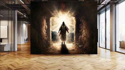 Resurrection of Jesus Christ, empty tomb, Jesus coming out of the tomb. Cricifix. Religion and the bible. Easter or Resurrection concept.  Generative AI Wall mural