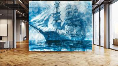  Ocean-blue and white ship schematic technical drawing blueprint style Wall mural