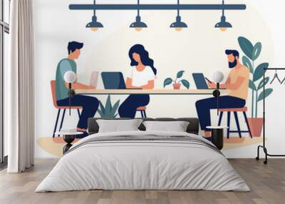 Flat 2D illustration of people working at a co-working office Wall mural