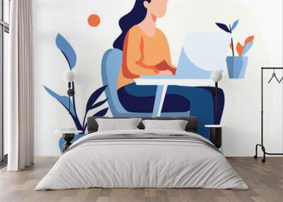 Flat illustration of a woman using a laptop on a table Wall mural