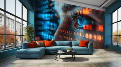 binary code and computer code overlay on face digital technology background Wall mural