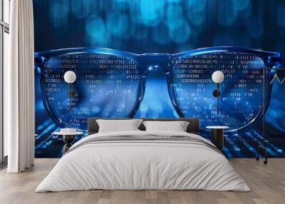 binary code reflection in glasses. binary digital data concept Wall mural