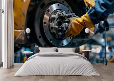 Car mechanic changing wheel in auto repair shop. repairing a car’s brake system. His gloved hands focus on the brake disc, ensuring safety and precision. Wall mural