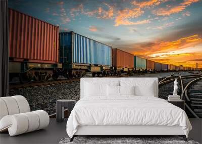 cargo freight train with container boxes. concept of export import of trade goods Wall mural